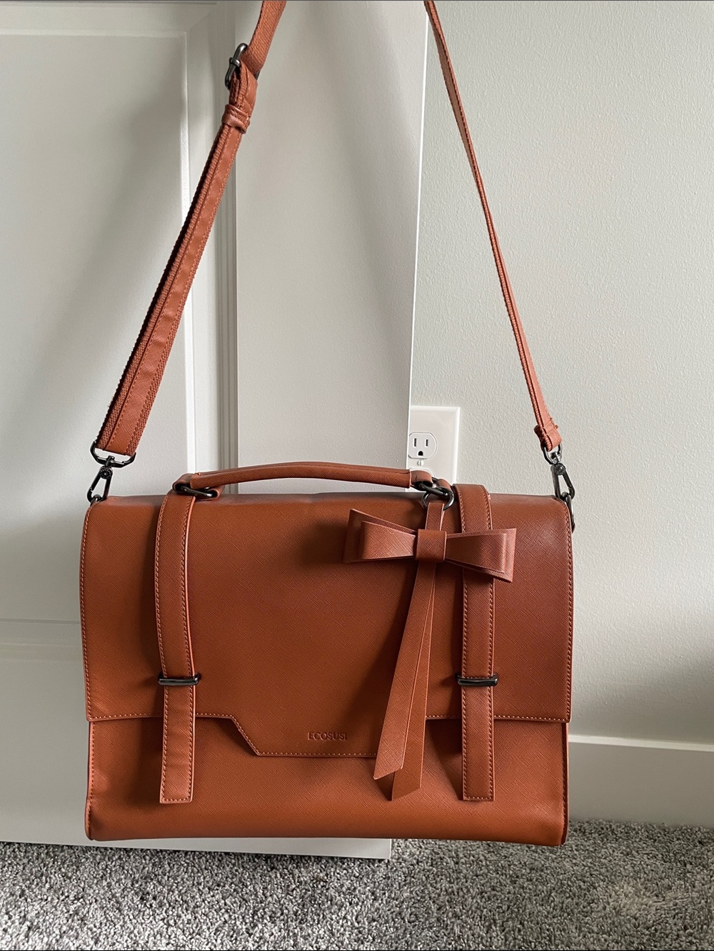 Structured Leather Satchel with Bow Accent in Cognac